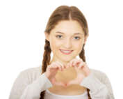 Girl in pigtails making a heart shape with her hands