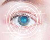 Close up image of an eye with symbols